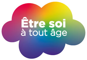 logo sous forme de nuage coloré au couleur de l'arc en ciel avec l'adage de l'association : être soi à tout âge
